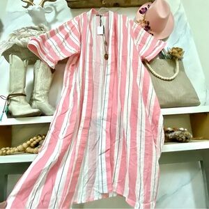 Duster kimono/cover up Pink and White Stripe w vacay vibe asymmetrical style
